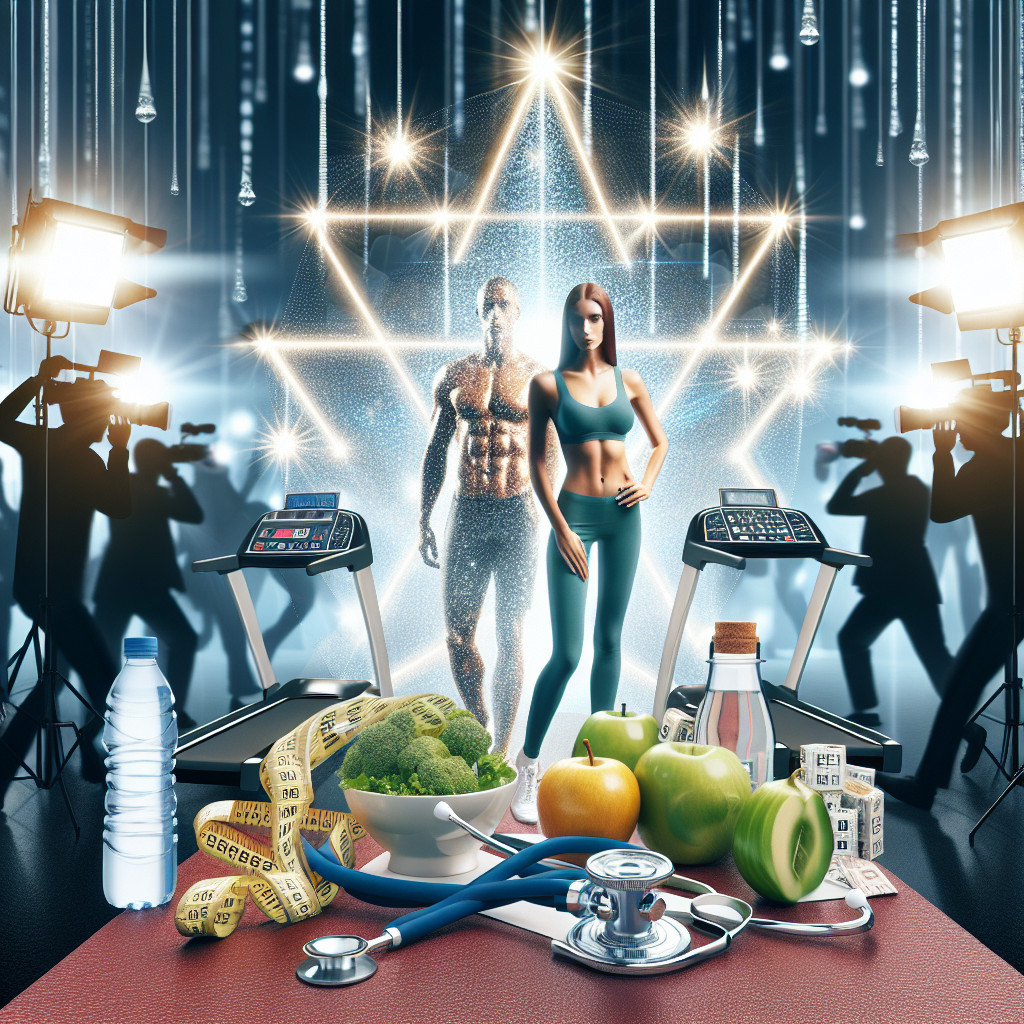 An image reflecting the theme of health updates featuring a compilation of various elements representing different health aspects. Include in the scene items such as a treadmill symbolizing exercise, a healthy meal representing nutrition, a stethoscope signifying medical check-ups, and a water bottle embodying hydration. Also incorporate elements of celebrity lifestyle like a glamorous backdrop with bright lights and paparazzi cameras, though keep the focus on the health aspects. In the foreground, include generic figures that could represent celebrity figures: a male figure with a toned physique and a female figure with a yoga mat, both of diverse descents.