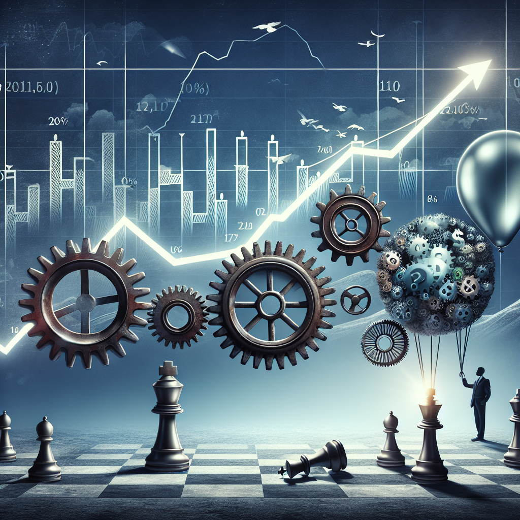 Illustrate the abstract concept of the decisions made by a central bank related to interest rates and their strategy for managing inflation. Show symbolic elements like large gears interlocking to represent the decision-making process, a bar graph displaying rise and fall to represent interest rates, and an inflation balloon being tamed by a figure to represent the management of inflation. Add a chessboard below, alluding to the strategic element. The surrounding area should suggest a formal setting. Ensure the overall scene is imbued with the seriousness and gravity associated with financial policymaking.