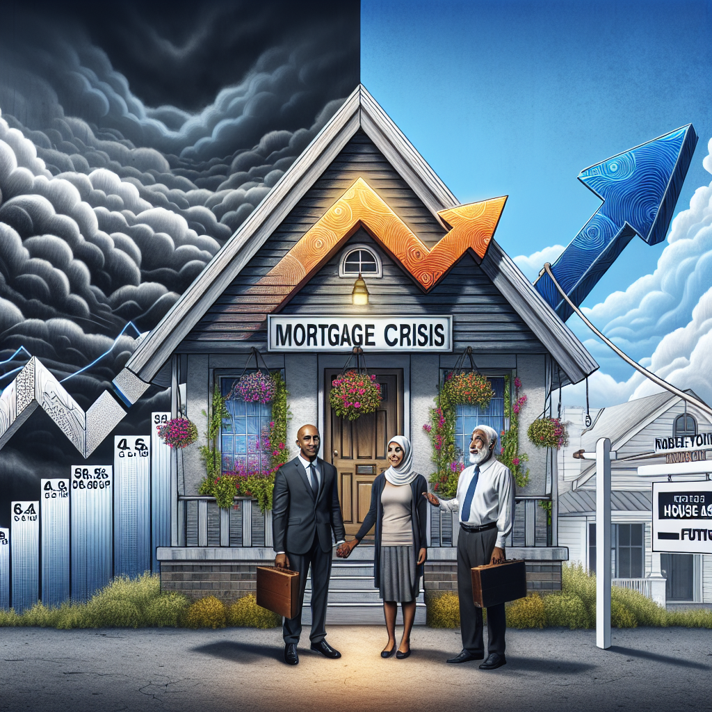 Visualize an innovative representation of a mortgage crisis. On one side of the image, depict a dark cloudy sky representing the chaos of the financial crisis. Underneath it, represent raised mortgage rates with stylized ascending graphs on large billboards. In the middle, portray an average South Asian and Hispanic middle-class couple looking surprised, standing in front of their house with a for sale sign. On the other side, show a bright, hopeful sky symbolizing the future, and under it, depict a real estate agent showing a white, elderly couple some house plans. Ensure all elements are connected or transitioning smoothly into one another.