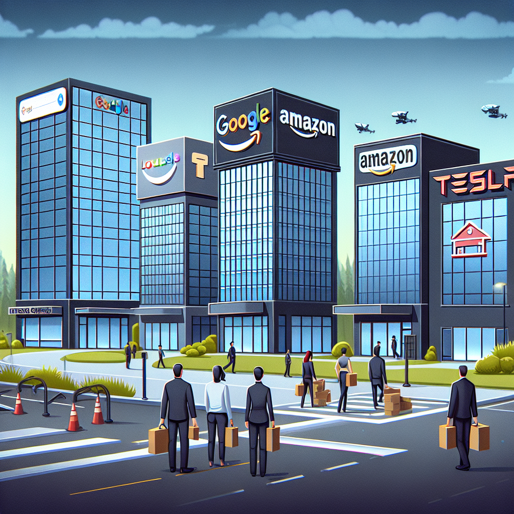 Picture a scene with four modern corporate buildings representing the tech giants. A building symbolizing Google with a display of a search bar, an Amazon building having the logo of a shopping cart, a Meta building shown by a virtual reality headset, and a Tesla building with an electric car logo. There are people leaving the buildings with boxes containing their belongings, showcasing job cuts. The sky is overcast symbolizing the grim mood. The title 'Tech Layoffs: Mass Job Cuts' is displayed prominently above the scene.