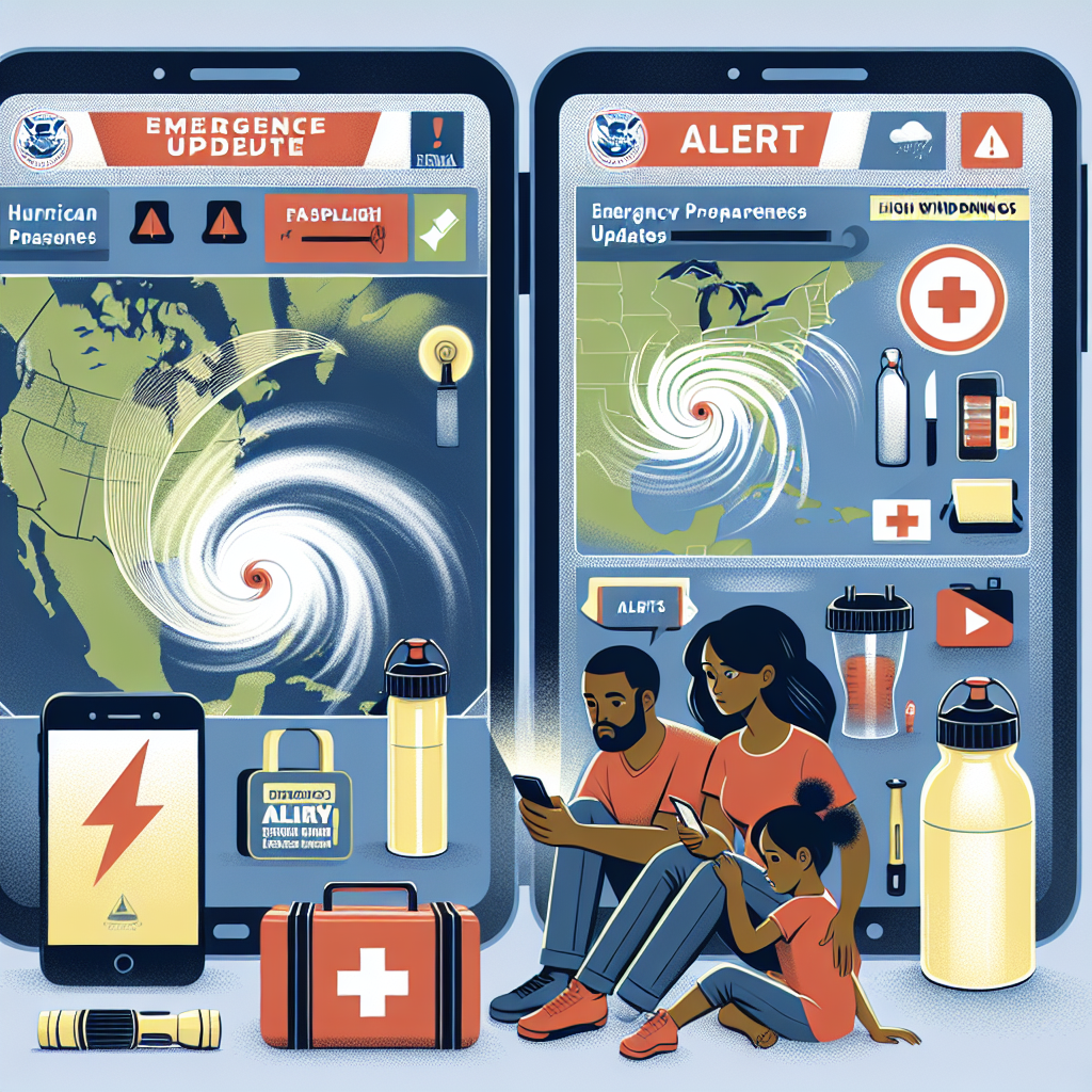 An image embodying the concept of FEMA's emergency preparedness updates with a focus on hurricane season. Picture a weather map showing a large hurricane formation over the Atlantic Ocean. In another section, show emergency supplies such as flashlight, water bottles, and first aid kit that represent preparedness. Another part could illustrate a family, a Caucasian father and a Black mother with their Asian daughter, sitting together and checking updates on their mobile device. Complete the image with alerts in the background such as evacuation signs or high wind warnings.