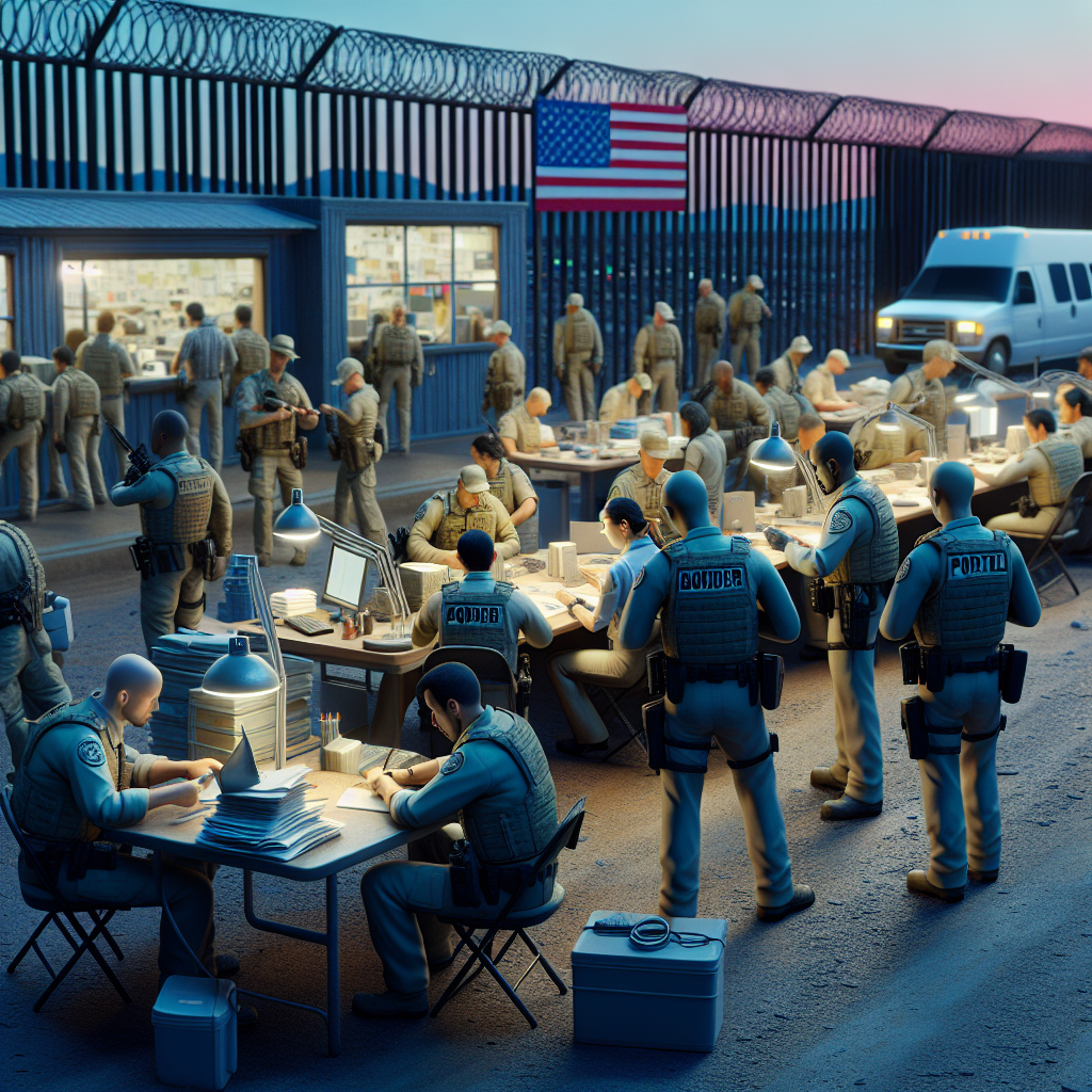 Envision an informative and detailed scene depicting border security in the USA. Include typical elements such as border patrol officers, various types of surveillance equipment, and strong fencing. Ensure to show a range of officers of diverse descents and genders performing their duties, showcasing inclusivity. Include scenes of immigration paperwork being processed diligently in a nearby office. The setting is dusk, adding an element of seriousness and urgency to the scene. Don't forget to focus on the detail, to make the image highly clear and relevant. Note: No specific individuals or identifiable faces should be featured.