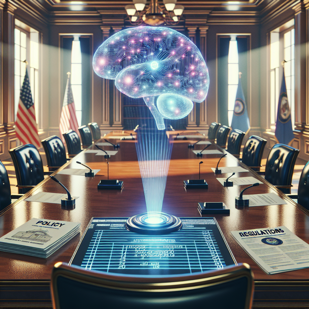 Imagine an image that conveys the concepts of Artificial Intelligence, regulations, and a governmental institution without disclosing any specific real locales or figures. Picture a room with polished wooden tables and chairs, symbolizing a place where decisions are made. A holographic projection of a 3D brain connected to an alphanumeric code on the table illustrates the concept of Artificial Intelligence. Papers scattered across the table have titles like 'Guidelines', 'Policy', and 'Regulations', emphasizing the bureaucratic nature. In the room's corner, there's a flag bearing an unidentifiable crest, representing a governmental institution.