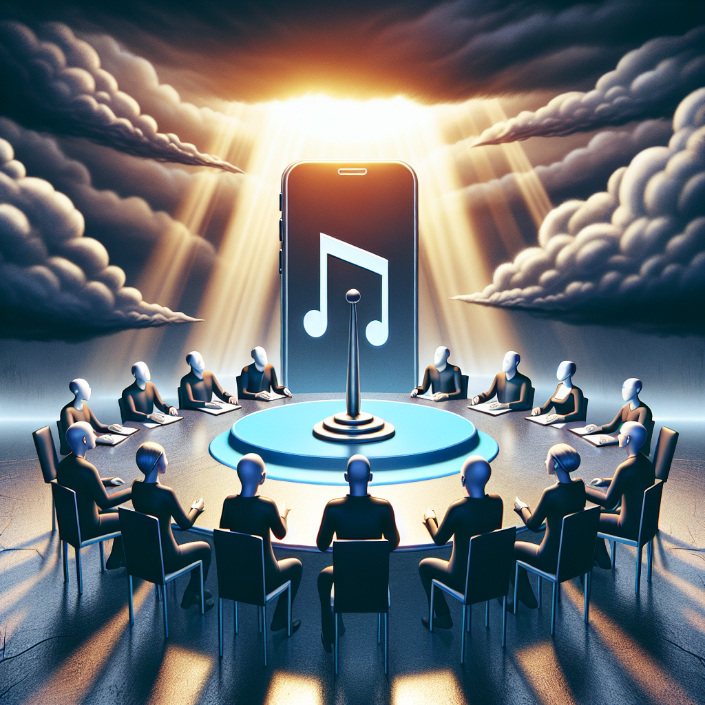 Illustrate a conceptual image that presents a technological debate revolving around social media platforms. The scene should depict several faceless figures in dialogue, sitting around a large round table. On the table, place two symbolic items: a smartphone with a logo resembling a musical note (representing a popular short-form video app), and an abstract representation of a scale (implying the balance of interests). A stormy sky in the background signifies tensions, while rays of light piercing the darkness indicate hope and potential solutions. The figures around the table should represent diverse genders and descents.