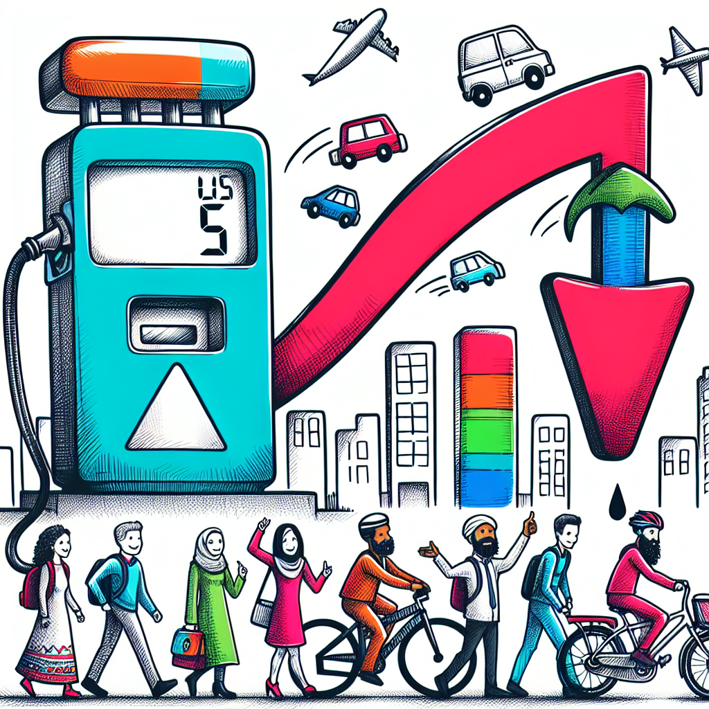 A hand-drawn image of a fuel pump with a falling arrow symbolizing decreasing gas prices. Next to it stands a vibrant, diverse group of people displaying various strategies such as carpooling, taking public transportation, and biking, symbolizing the diverse ways they can take advantage of lower fuel prices. The group includes a Middle-Eastern male cyclist, a Caucasian female using public transit, a Black male carpooling, and a South Asian female walking, each expressing joy at the extra savings in their wallets.
