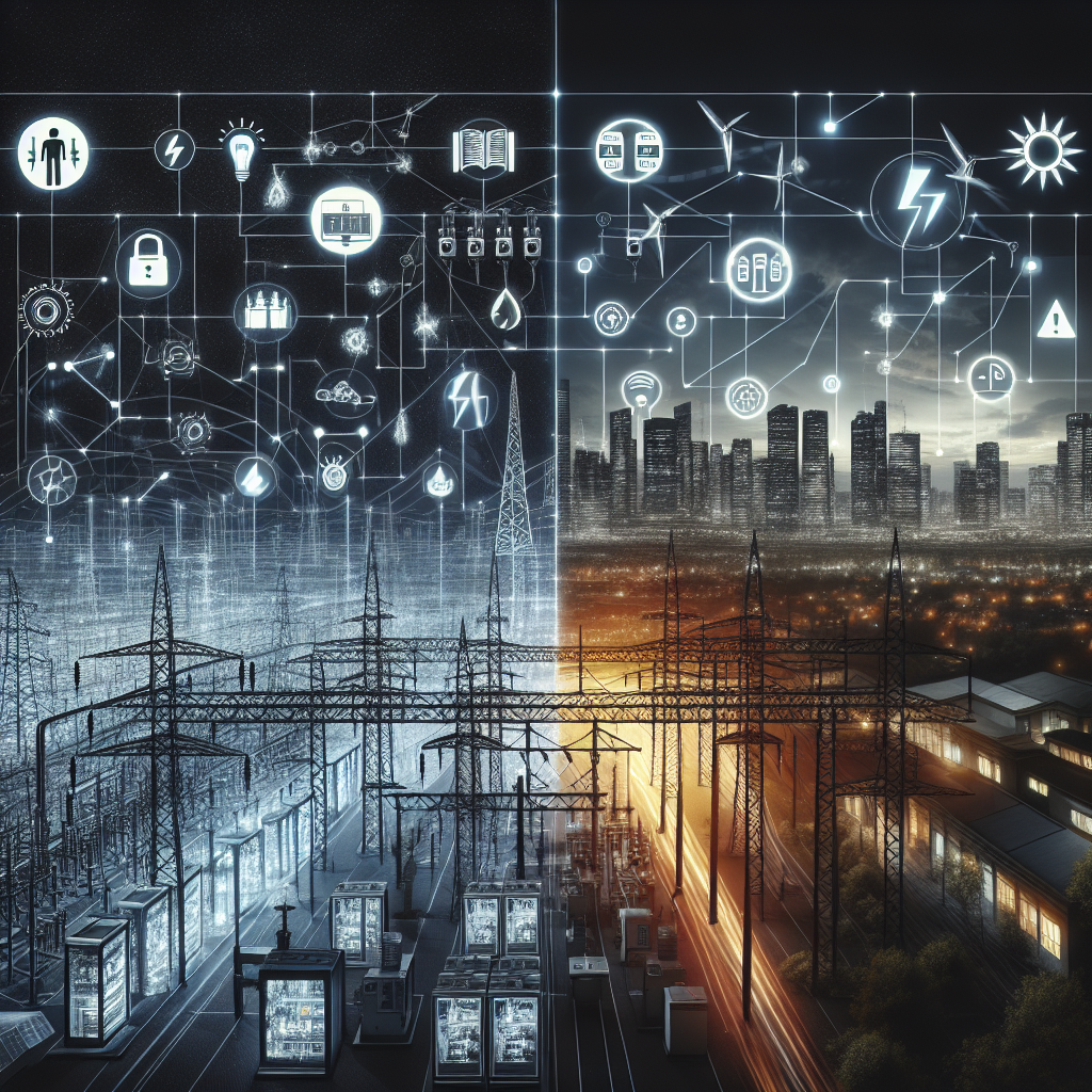 Illustrate an image emphasizing the importance of power grid stability. Portray a large, intricate power grid model featuring a plethora of intertwining power lines, substations, and electrical towers. On one side of the image, show a scene of a thriving city at night, glowing with illumination, indicating functional power supply. In direct contrast on the other side, represent a city plunged in darkness, hinting at a catastrophic blackout. Overlay the image with visual symbols of prevention strategies like regular maintenance icons, emergency backup system logos, and renewable energy symbols.