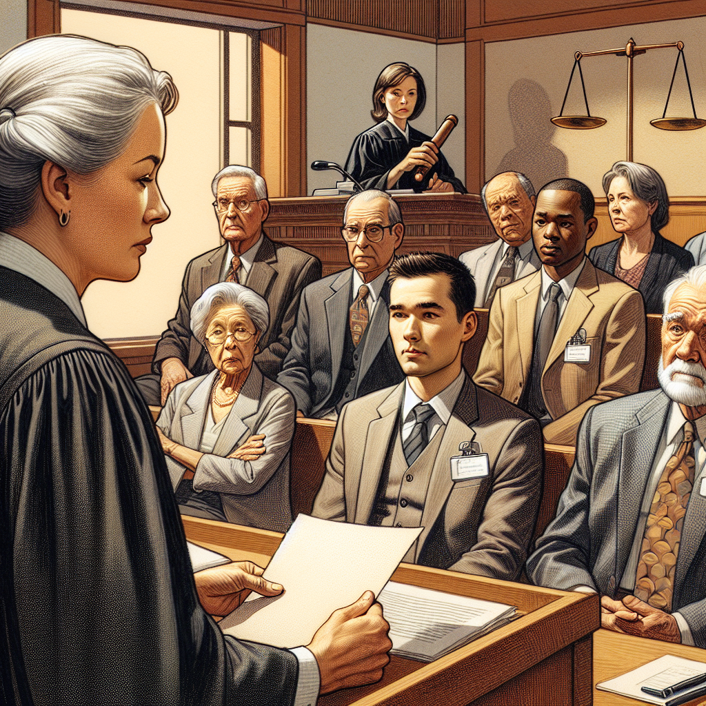 Detail a scene inside a typical American courtroom during a high-stakes trial of a major criminal case. Visualize a diverse group of 12 jurors of various genders and descents such as Caucasian, Black, Hispanic, and Asian expressing range of emotions from seriousness to anxiety. The Judge, an elderly Asian female, holds the verdict envelope, preparing to announce the decision. The accused, a middle-aged Hispanic male, sits nervously beside his lawyer, a young Caucasian female, eagerly awaiting the verdict. Contextual elements such as the courtroom furnishings, symbols of justice like the scales, the witness stand, etc., should be depicted.