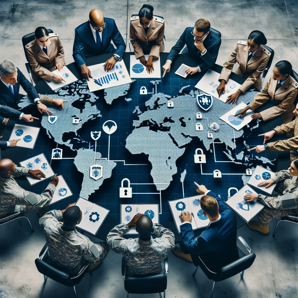 Create a vivid image of a handful of high-ranking military officers in a strategy meeting. They are of mixed genders and multiple descents including Black, Hispanic and White. They are around a giant world map, pointing to different areas while discussing potential aid decisions. Papers with graphs and statistics are spread out on the table, representing the essential factors for their decisions. The background should show strong security symbols like padlocks, shields, and firewall icons symbolizing global security challenges.