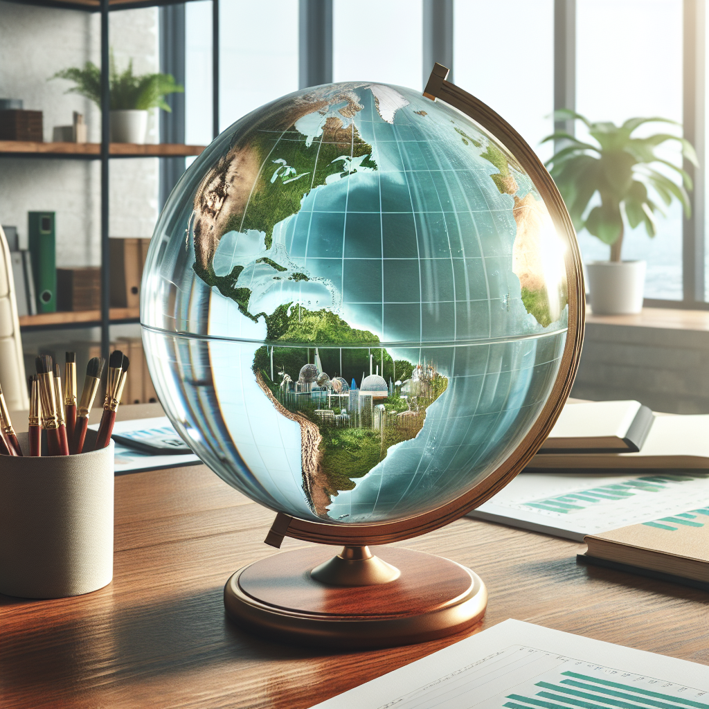 Craft a visually pleasing image of a glass globe in an office setting. The globe should be placed on top of a well-kept wooden desk and it should depict detailed continental arrangements that lay emphasis on greenery and renewable energy infrastructures, such as a noticeable distribution of windmills and solar panels across continents. The office should give an impression of a professional who specializes in sustainable investments, with subtle details like financial spreadsheets, investment books, and pot plants. Make the atmosphere bright and appealing, indicating a positive future outlook driven by clean energy investments.