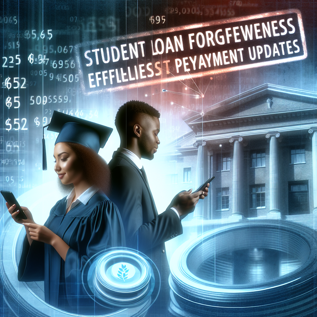 A dynamic composition depicting a diverse scene of students and graduates. In the foreground, a black female graduate and a white male student, both appearing relieved and happy as they are understanding new updates on their digital devices. Subtle visuals of diminishing debt numbers in the background, to signify the concept of loan forgiveness. An esteemed university building should be faintly visible in the background representing the education system. Stamp-like wording embedded in the image, stating 'Student Loan Forgiveness: Effortless Repayment Updates'.