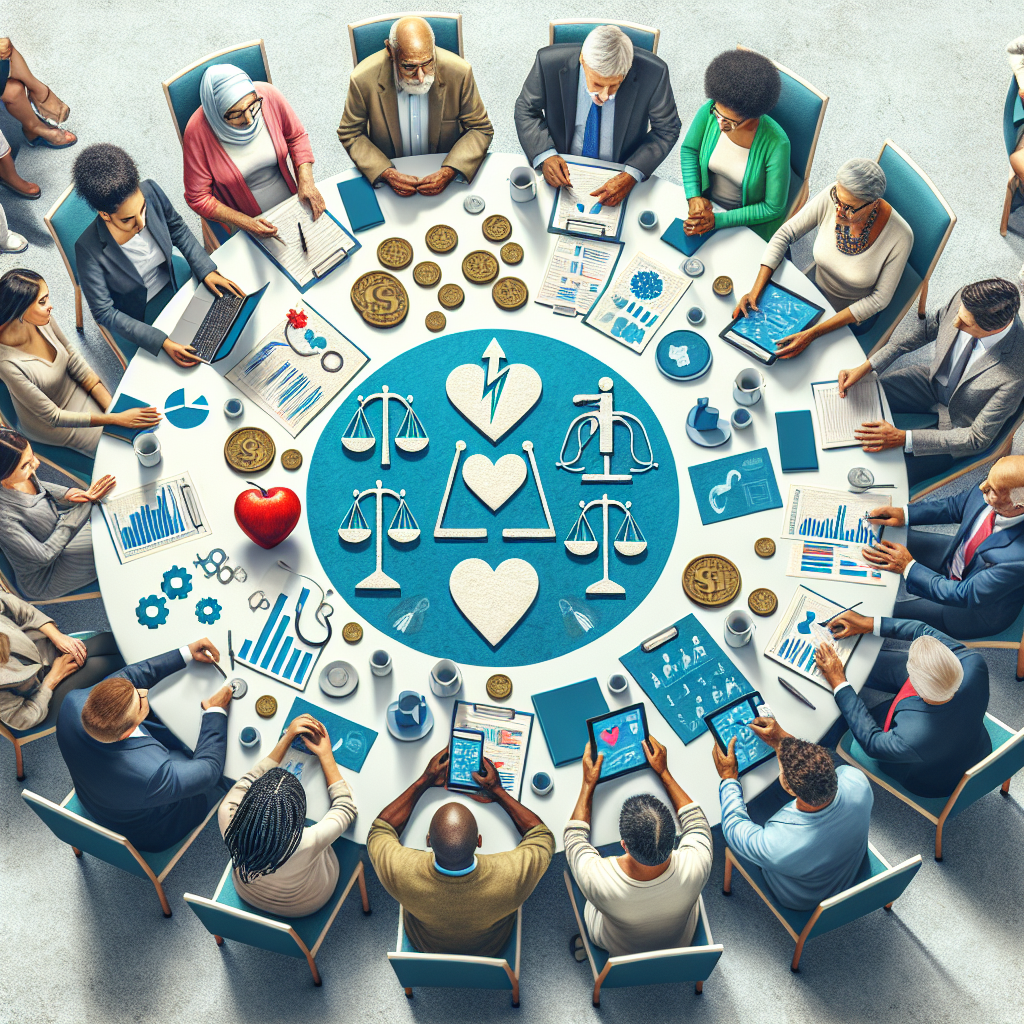 Create a detailed and vibrant scene of people of various ages and ethnicities, such as a young Black female, an elderly Hispanic male, a Middle-Eastern woman in her thirties, and a South Asian man in his forties, all actively engaged in a conversation at a large round table. Distributed among them are documents and digital devices displaying charts and graphs related to healthcare costs and Medicare changes. In the center, visualize a scale with a heart on one side and a coin on the other, symbolizing the balance between affordable healthcare and costs.