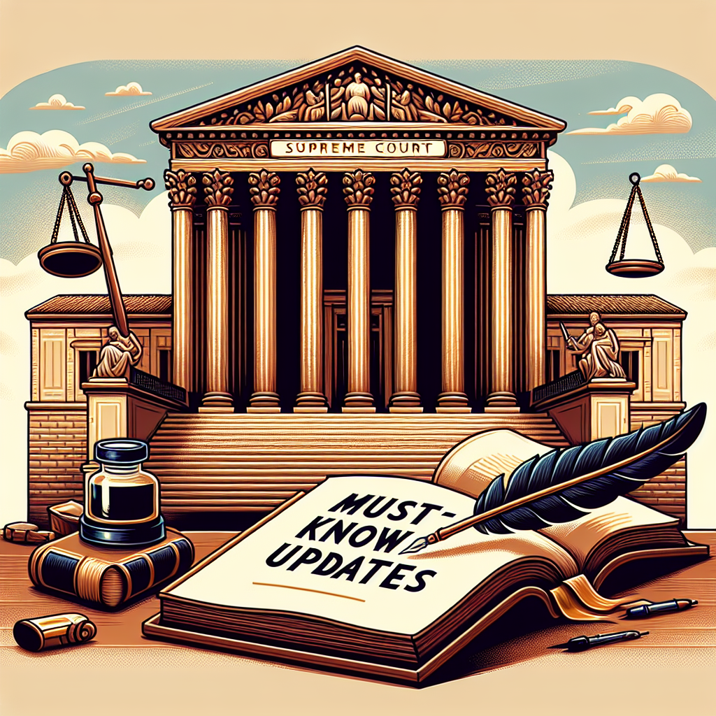 Illustration of a grand neoclassical building, representing the Supreme Court, with its large, iconic pillars and stairs leading up to the entrance. Nearby, there is a desk with an open book containing the phrase 'Must-Know Updates'. Beside the book, there's a feather quill and an inkwell. Above the court building's roof, in the sky, representation of the scales of Justice balancing equally. Use a warm color palette to mimic the glow of the setting sun.