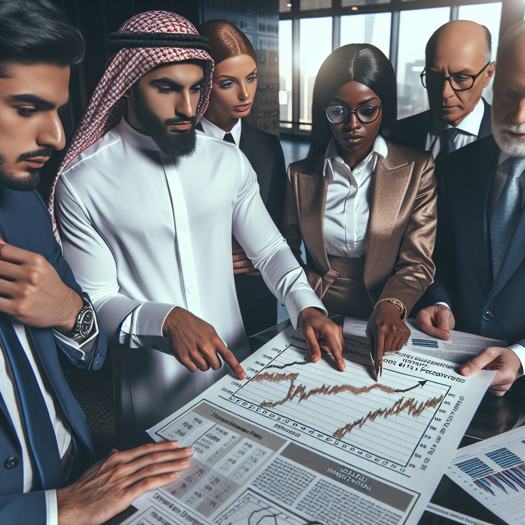 A detailed image of a group of financial experts, including two Middle-Eastern men and two Black women, discussing the future of interest rate decisions. They are situated in a contemporary office with various financial charts in the background. One of them is pointing at the part of a line graph representing inflation control while one other expert examines a document labeled 'Federal Reserve Policies'. The ambiance should be serious and professional, suggesting that these people are responsibly handling important aspects of the economy.