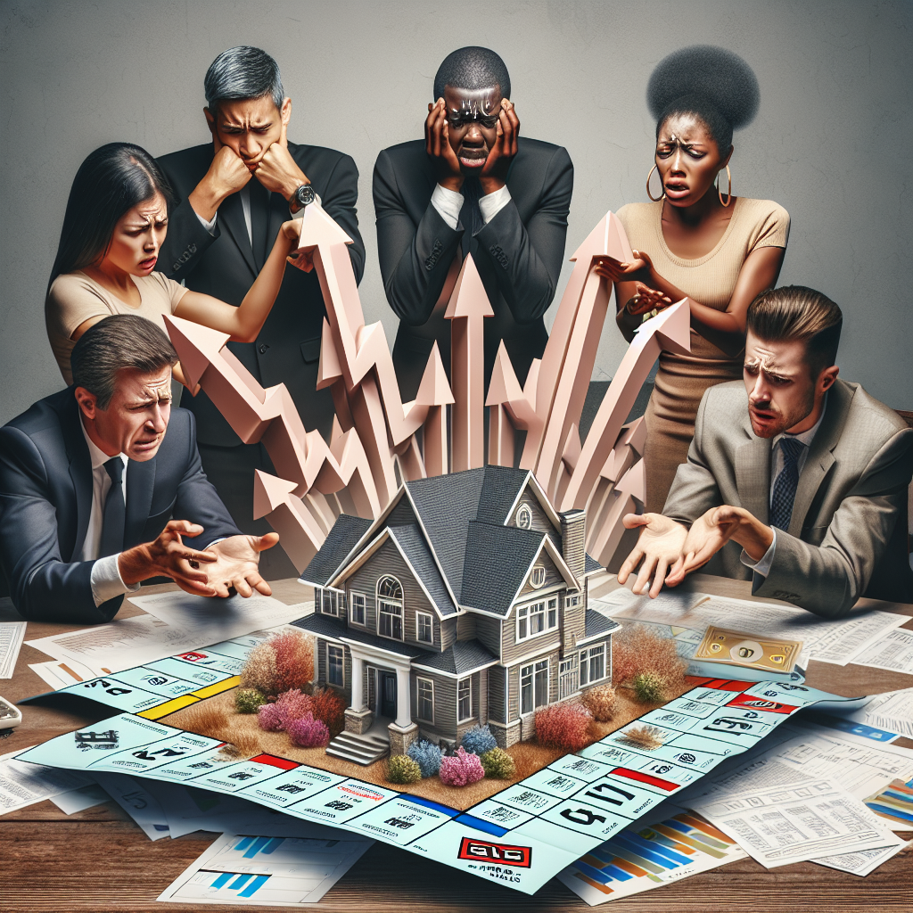 A conceptual illustration portraying the U.S. housing market crisis. An image showing a diverse group of homeowners - a Middle-Eastern woman, a Black man, a South Asian woman, and a Caucasian man, distressed over a 3D model of a residential area, with rising arrows symbolizing increasing mortgage rates surrounding them. They are gathered around a table with scattered papers and graphs displaying fluctuating trends. Include a life-size Monopoly board game in the background embodying the real estate market. Ensure a neutral background.