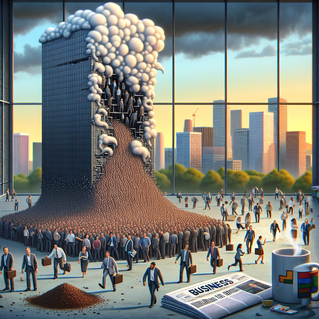 Visualize a metaphorical depiction of mass layoffs in the tech industry: A monolithic structure made of silicon – a nod to Silicon Valley – installed in an urban setting. Shown is a mass of diverse office workers – Caucasians, Hispanic, Black, Middle-Eastern, South Asian, of differing genders – exiting this structure in large numbers, with anxious expressions. Integrating business newspaper articles and spilled, crushed coffee cups nearby for context. The skyline should have tall office buildings and digitally animated clouds indicating a storm, these elements speaking for the company's crisis. The scene should be painted in soft twilight hues for a somber vibe.