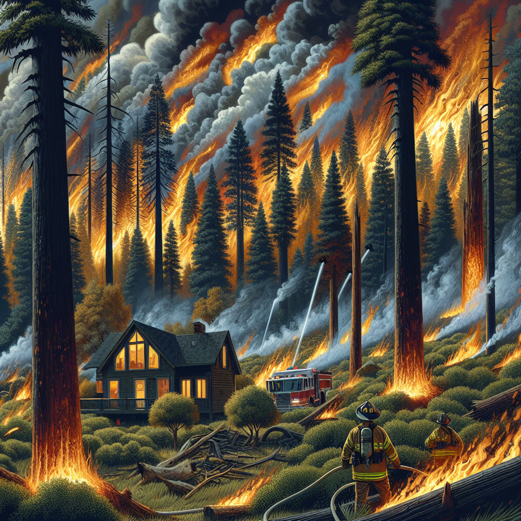 Illustrate the scene of a savage wildfire in dense woodland areas of the United States. Show roaring flames licking the tall trees, smoke billowing upwards, resting over the horizon. The woodland is a mix of coniferous and deciduous trees. Reflect the devastating impact by showing a small, abandoned wooden house in the path of the roaring fire, its windows aglow from the approaching embers. Also, portray the courageous firefighters working relentlessly, a Hispanic woman and a South Asian man, operating with urgency, dousing the blaze with hoses from their fire trucks. Please keep the rendering realistic yet sensitive to the severity of the issue.