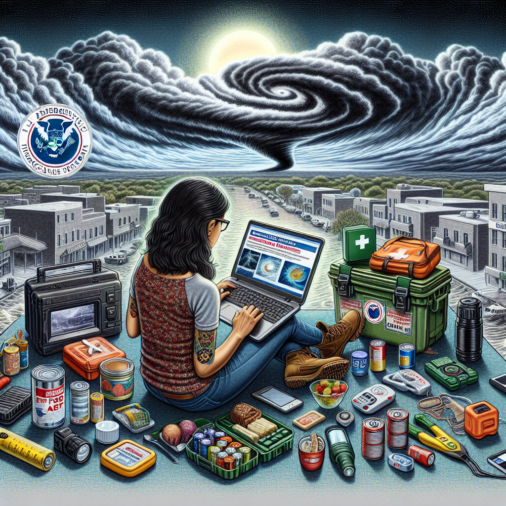 A detailed representation of an emergency preparedness scene during the hurricane season. Foreground shows a Hispanic woman checking weather updates on a laptop, surrounded by her essential survival gear like flashlights, batteries, canned food, first aid box, and a portable radio. Background shows a stormy, cloudy sky with an impending hurricane symbol. The title 'FEMA Emergency Preparedness Updates: Essential Hurricane Season Alerts' hovers in bold letters above the scenery.