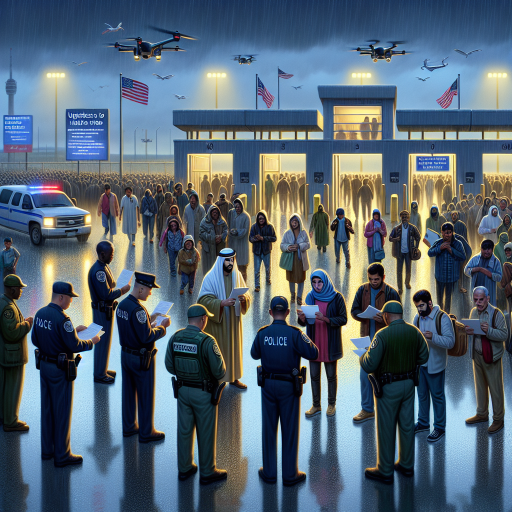 An image depicting a closer view of a border checkpoint in the rain with several individuals of different descents like South Asian, Hispanic, Middle-Eastern, and Black. Each person is holding a set of documents, possibly visas or passports. There are also uniformed officers, some are Caucasian and some are Black, inspecting the documents carefully, against the backdrop of high-tech security systems such as scanners, drones, and surveillance cameras. A large signage displaying updates to immigration policy is visible in the background. It's twilight, adding to the gravity and significance of the situation.