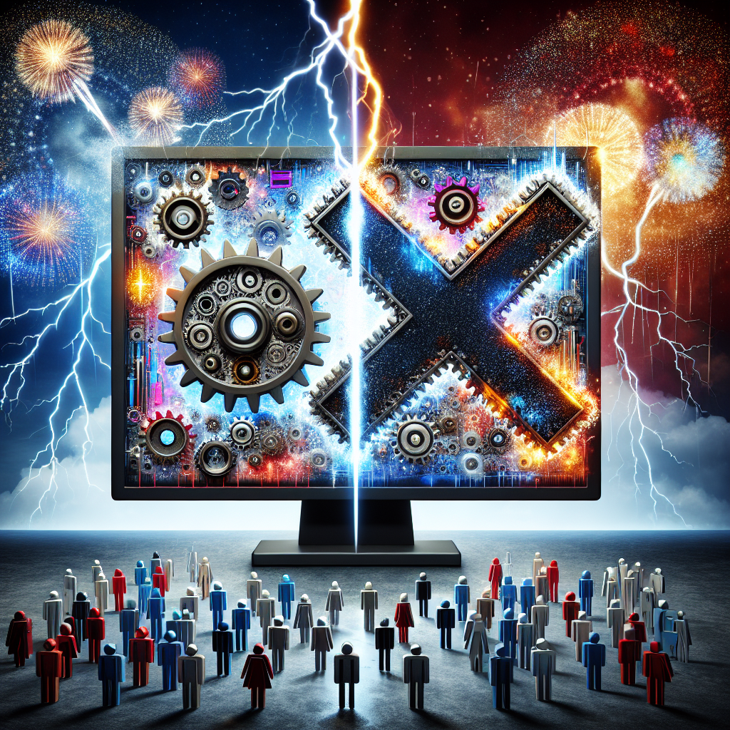 Enlarge upon an abstract concept showcasing escalated tension in the realm of technology, symbolized through two opposing gears grinding against each other being encased in a computer monitor. Add the image of a digital sync-button being covered by a large 'X' to represent the concept of a ban. Fireworks on the backdrop to depict an ongoing debate with varied colors and intensities. Depict a lightning storm overhead to represent sparking controversy. Maintain a crowd of diverse miniature symbols of people with mixed expressions standing below the monitor to show divided opinion. All of these elements must be visually linked to suggest a cohesive narrative.