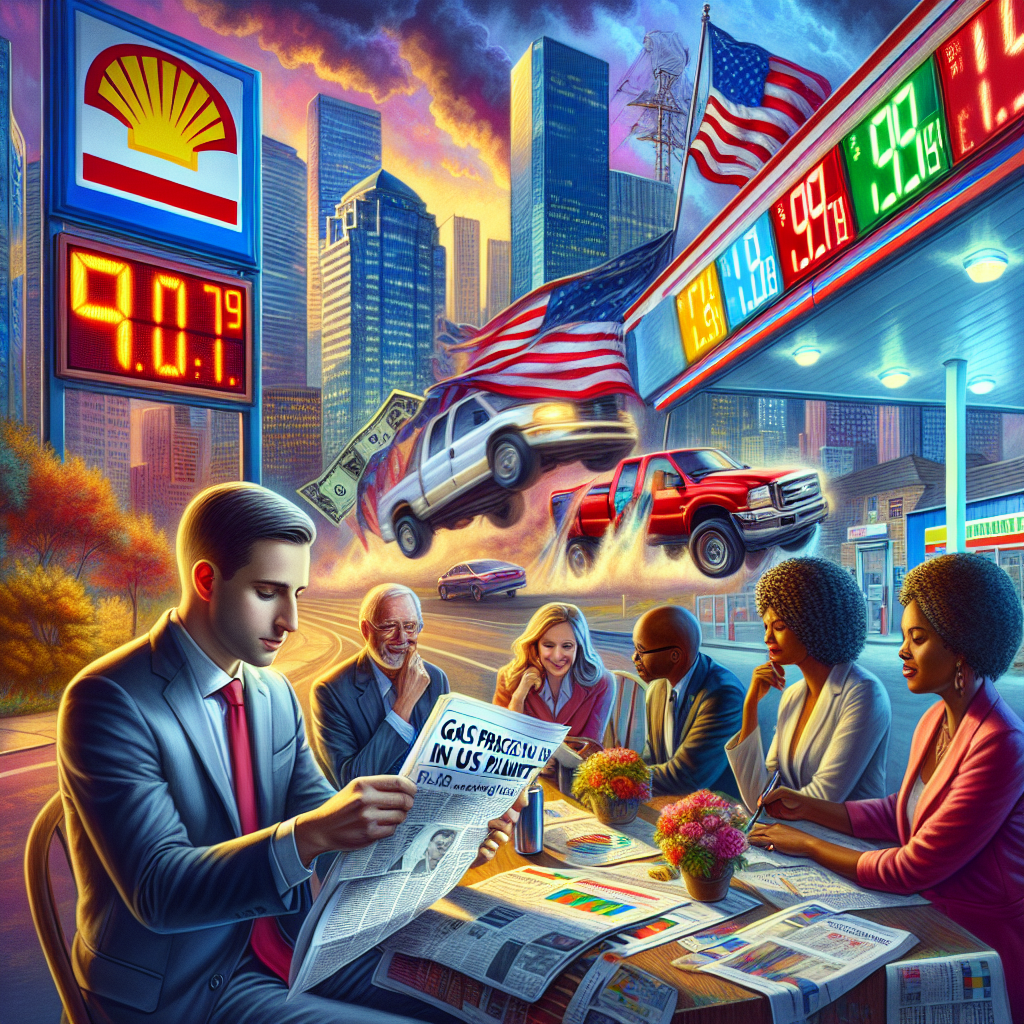 Imagine a highly detailed depiction of an American cityscape in the background. A large gas station sign displays falling prices. On the other side of the scene, there's a Caucasian man reading a newspaper with the headline 'Gas Prices in the US Plummet'. A diverse group of people, including a Hispanic woman, a Black man, and a South Asian woman, are discussing around a table with documents labeled 'Energy Policy'. Include vibrant hues to highlight the atmosphere of change and excitement.