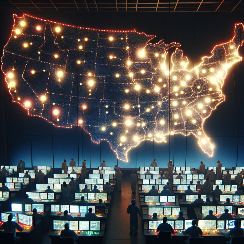 Imagine a scene symbolizing a wide-scale power grid failure. A map of the nation, lit up by thousands of miniature lights, hangs on a massive wall. Suddenly, the lights begin to flicker and go out, one by one, plunging entire regions into darkness. A control room is in the foreground, filled with grim-faced engineers of diverse descents and genders. They are frantically trying to restore the power as the scales of the map sway in an ominous wind, epitomizing the instability of the national power system. The atmosphere conveys a sense of urgency and threat.