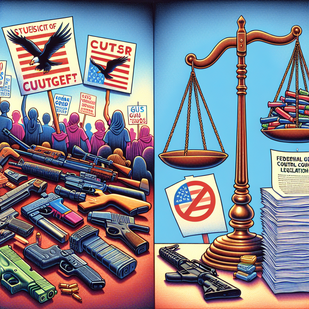 A vivid illustration showing peaceful protesters carrying banner advocating for stricter gun control laws with urgent messages. Adjacent to this is a set of scales symbolizing justice, on which rest two piles: On one side, various firearms such as pistols, rifles, shotguns, showing the quantity of firearms. On the other side, a stack of documents marked as 'Federal Gun Control Legislation', appearing hefty and affecting the balance. Include visuals denoting caution such as cross-out signs over firearms, indicating the need to restrict excessive gun use. Keep the atmosphere solemn but hopeful, elements colored primarily in red, white, and blue.
