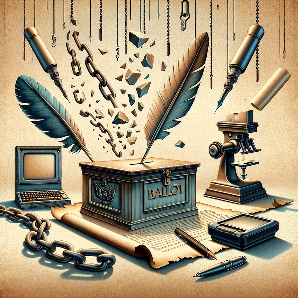 Let's envisage an abstract representation of the central theme, 'Voting Law Changes: Must-Have Updates for US Election Aftermath'. Render a symbolic image showing a vintage ballot box (circa early 1900s) and an antiquated quill pen set against a faded parchment. Incorporate a modern electronic voting machine and a stylus, symbolizing the evolution of voting methods over time. Cast shattering chains in the background to signify the breaking of old norms and the advent of change. Use a color palette that leans towards pastels, denoting a sense of neutrality and calmness associated with the democratic process.