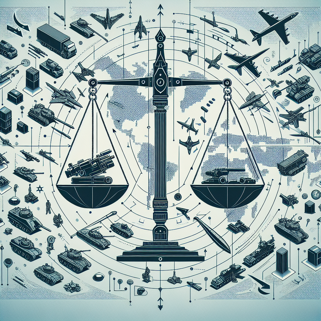 Illustrate a conceptual representation of global security solutions with various elements associated with military aid. This could include an interdisciplinary global map studded with symbolic representations of military hardware like tanks, aircraft, and other types of equipment. The layout should illustrate the idea of strategic allocation of resources across different regions, with arrows signifying the movement of aid. Include a balance scale as a central element, representing the decisions on military aid distribution. This image should evoke a sense of strategy, balance, and diplomatic relationships.