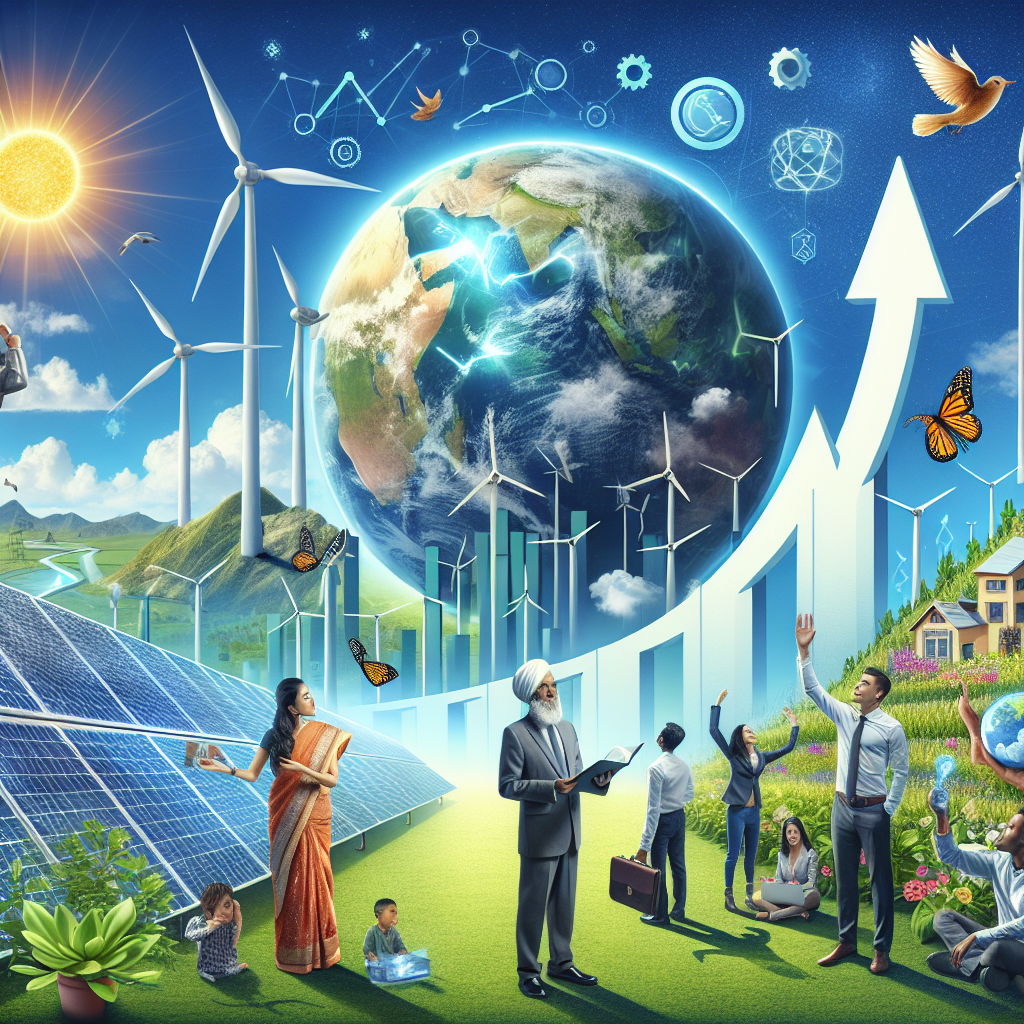 An image illustrating clean energy investments as a strategy for climate change action. In the foreground, there is a diverse group of investors; a South Asian woman, a Middle-Eastern man, and a white man, examining solar panels and wind turbines against a backdrop of a clear, blue sky hinting at renewable energy. In the background, a thriving, green landscape depicting a healthy earth due to the impact of clean energy. On the side, a bar chart rising upwards symbolizing increased investments in clean energy sector. The image provides a sense of hope and action towards combatting climate change.
