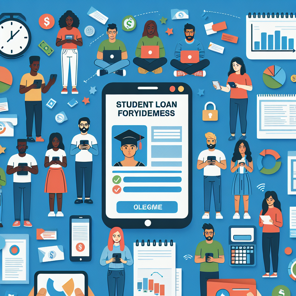 Create an image depicting a diverse range of students from different descents such as Caucasian, Hispanic, Black, Middle-Eastern, South Asian getting notified with the latest repayment updates on their digital devices. Add the words 'Student Loan Forgiveness' on a banner at the top. Also, include visual elements of paperwork with financial calculations, charts showing decreasing loan amounts, and a calendar in the background marking key dates.
