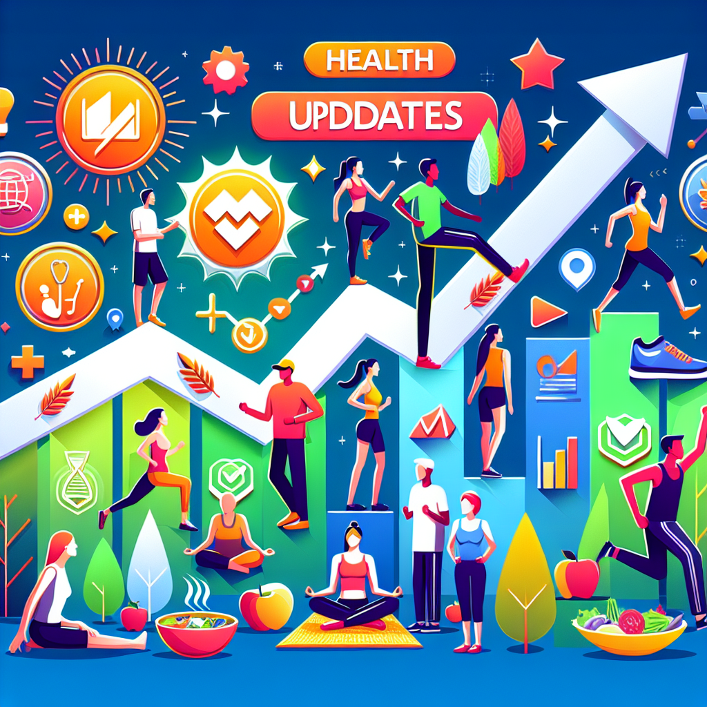 Create an image that represents the concept of health updates. This should include a lively and vibrant setting where different people are engaging in various healthy activities, such as jogging, yoga, or cooking healthy meals. Also, include an illustrated chart showcasing milestones linked to health improvement. Incorporate symbolic representations of positive updates, like a glowing ascending arrow or badges rewarding health progress. Avoid using direct likenesses of specific real-world individuals and instead focus on generic, diverse people who reflect a wide range of descents and genders.