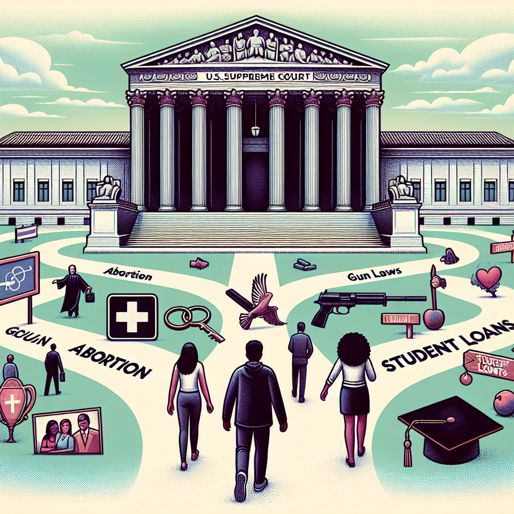 An illustrative depiction demonstrating the effect of the US Supreme Court on three significant topics: abortion, gun laws, and student loans. Show this by representing a grand courthouse being the center, where three intersecting paths lead to it. Each path symbolizes one issue, highlighted by relevant symbols such as a medical symbol for abortion, a gun for gun laws, and a graduation cap for student loans. Various people, including a Hispanic woman, a Caucasian man, and a Southeast Asian man, are shown walking toward the courthouse, signifying this impact on diverse individuals.