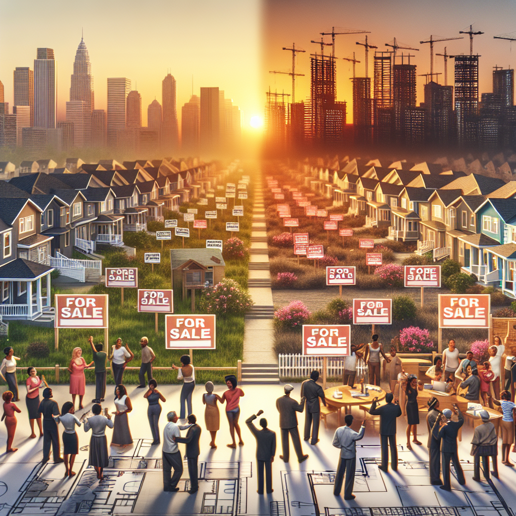 Visualize an urban landscape during sunset with 'For Sale' signs posted in front of numerous houses, symbolizing the US housing market crisis. Then, transition into a scene where we see high-quality yet affordable houses being constructed, denoting transformative solutions. Citizens of various descents including Hispanic, Caucasian, Black, Middle-Eastern, and South-Asian genders, both male and female are happily engaged in community activities in this newly developed neighborhood. The mood shifts from distressing to hopeful, implying positive change. The foreground should display an architectural blueprint, representing planning and development.