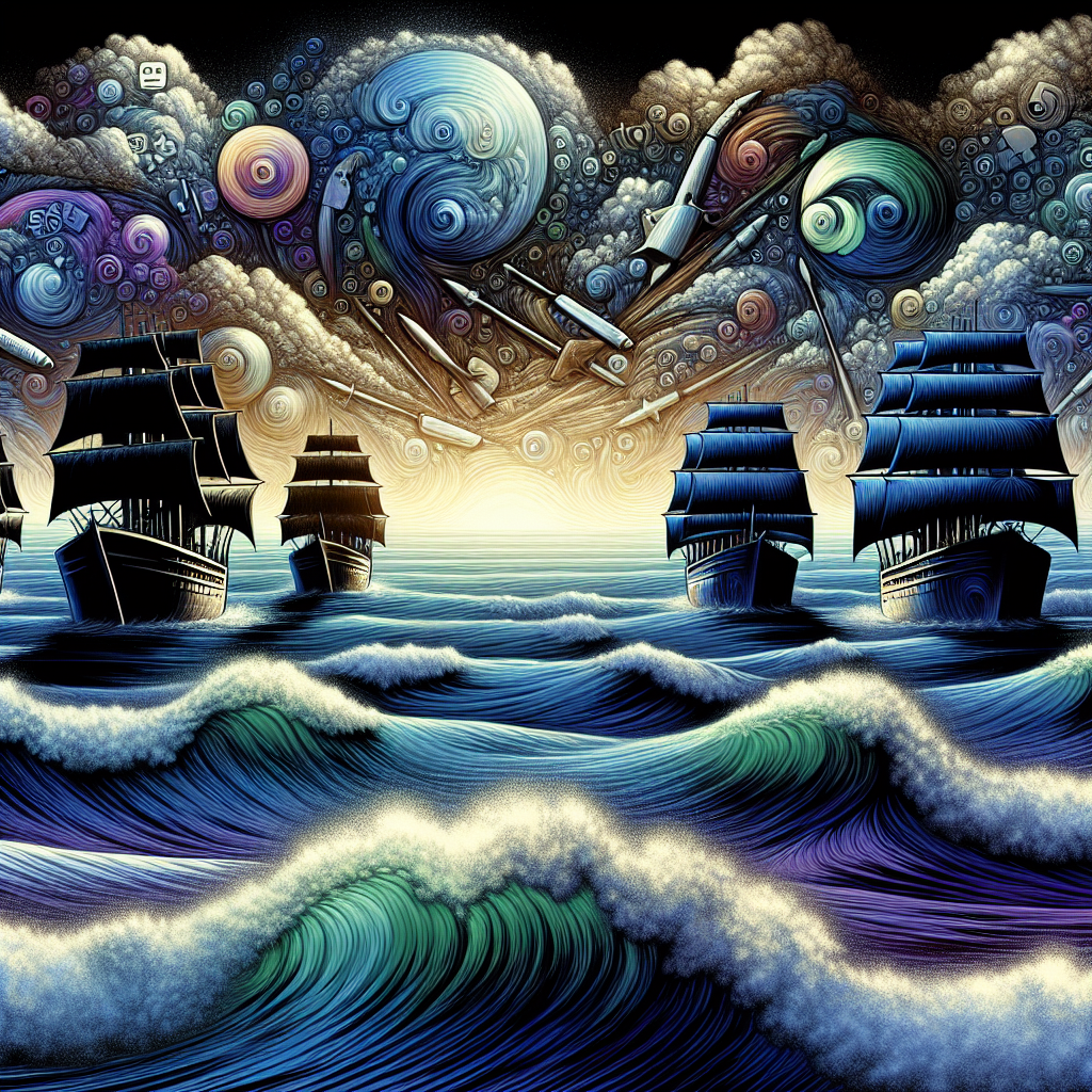 Visualize an abstract concept of a turbulent storm brewing over symbolic representations of tech companies. Include four large ships sailing in tempestuous seas, each one representing a different tech giant (a search engine company, an e-commerce leviathan, a social media behemoth, and an electric car pioneer). The sky should be filled with ominous storm clouds, reflecting the concept of turmoil, while the waves signify layoffs. Use an array of colors, keeping the tone slightly muted to portray a serious mood.