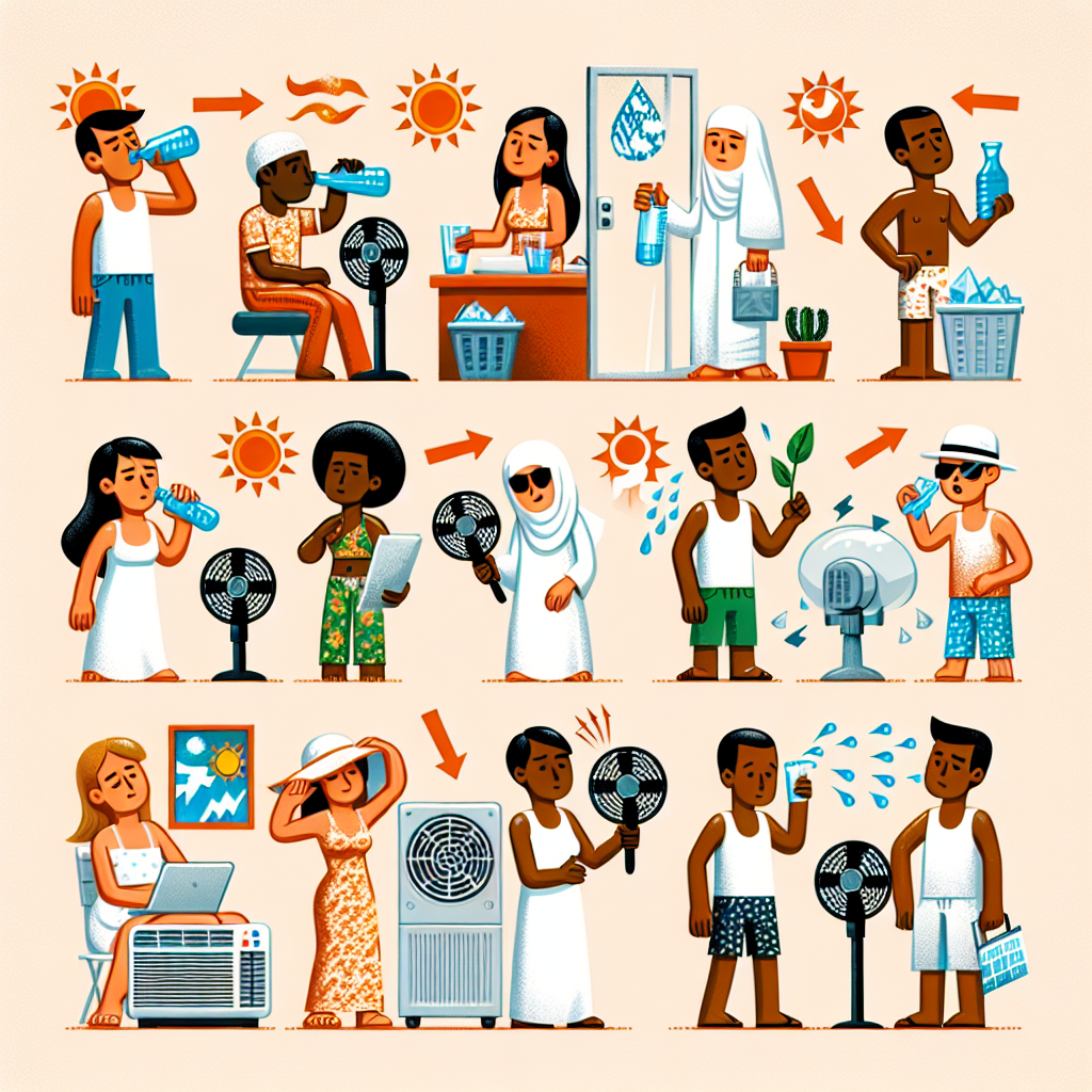 An educational illustration depicting a variety of people using different methods to stay cool during an extreme heatwave as part of their strategy for surviving the climate crisis. On the left, a South Asian woman is hydrating with a glass of water, while a Middle-Eastern man is pictured wearing light clothing. In the center, a Black woman is shown in an air-conditioned room, while beside her, a Caucasian boy is using an electric fan. On the right, a Hispanic man is taking a cool shower, while a White woman wears a hat and sunglasses for protection against the harsh sun. Each person is surrounded by increasing heatwave illustrations.