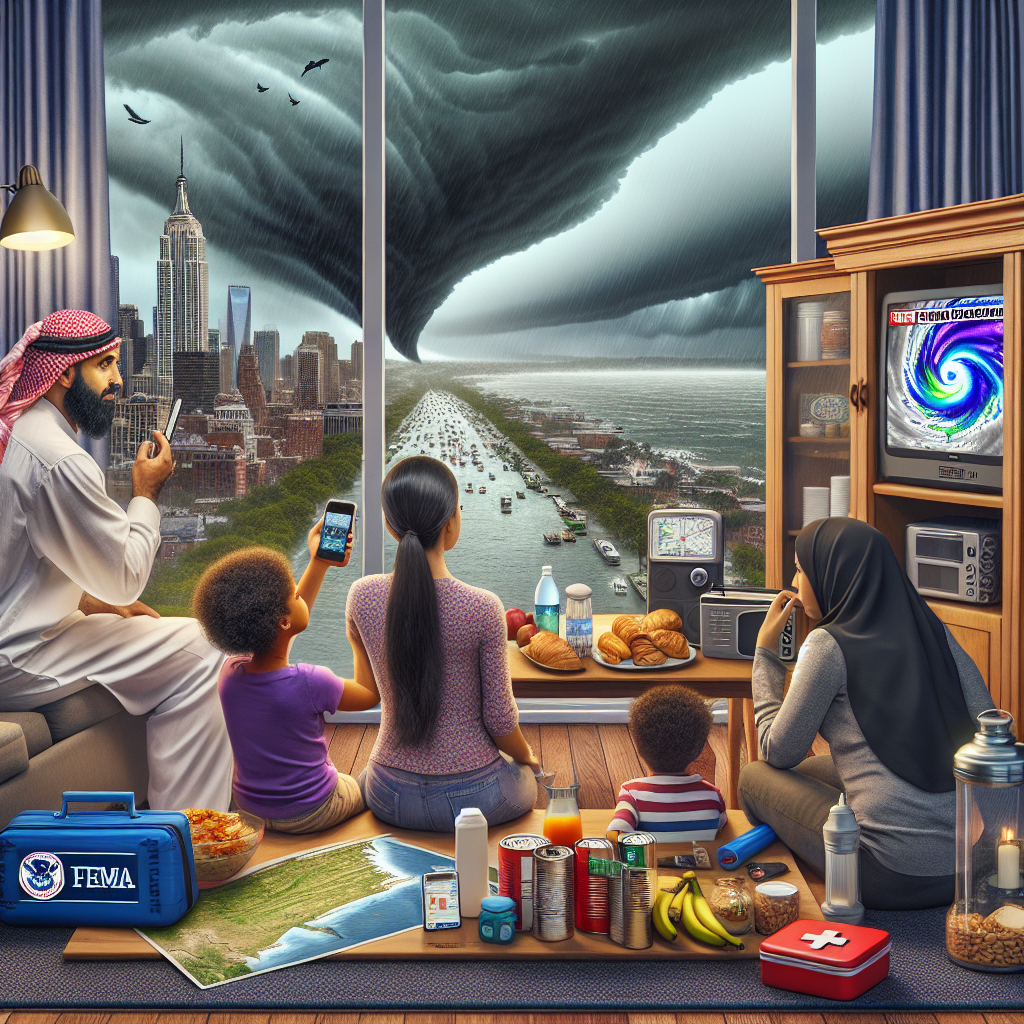 A real-world scenario depicting a hurricane approaching a coastal city. The sky is overcast with dark threatening clouds. In the foreground, a family of diverse descent: a Middle-Eastern father, a Hispanic mother, and their two multiracial children, consulting their smartphones and a weather radio for FEMA emergency preparedness alerts. The table they're gathered around holds a map marked with evacuation routes, a first aid kit, canned foods, bottled water, and flashlights. On a TV screen nearby, a South Asian weather reporter is presenting the hurricane's projected path.