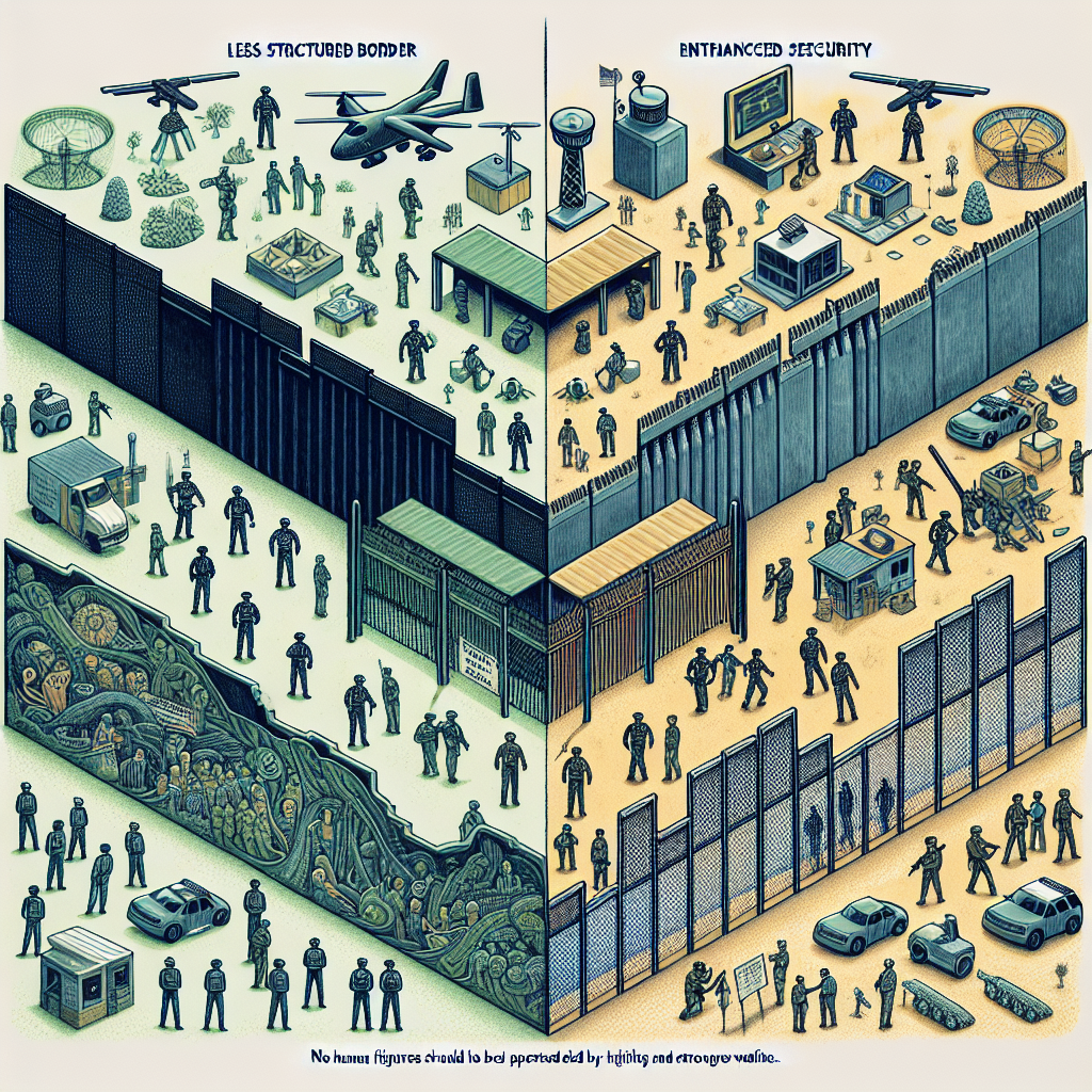 A detailed illustration depicting the concept of change in immigration policy. The artwork is carefully divided into two halves. On the left half, illustrate a past scenario showing a less structured border with fewer security measures. Represent this with symbols like open gates, fewer uniformed officers, and minimal technological infrastructure. On the right half, depict an updated scenario with enhanced security. This should include more uniformed officers, cutting-edge technology like drones and surveillance cameras, physically stronger borders depicted by higher and stronger fences or walls. No human figures should be depicted in a disparaging or offensive manner.