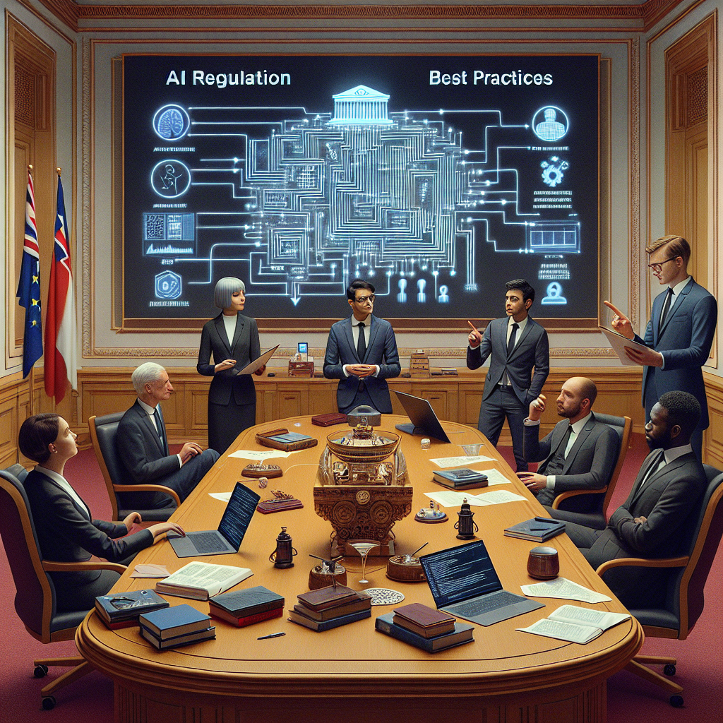 An image depicting a formal setting in a government building, perhaps a meeting room with a big wooden table. At one end, a large screen projects a complex flowchart representing Artificial Intelligence mechanisms. A diverse group of people are engaged in discussion: a confident Middle-Eastern woman in a business suit, a Caucasian man with glasses taking notes, an Asian woman pointing towards the screen, and a Black man leaning back in his chair, contemplating. Books, papers, and laptops are strewn about the table. On the wall, the phrase 'AI Regulation: Best Practices' is visible.