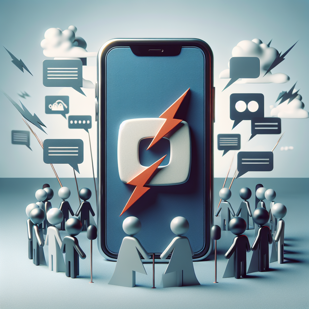 An illustrative depiction of escalated tech tensions surrounding a popular video-sharing app. The image showcases a symbolized mobile phone screen displaying a generic video-sharing app logo, struck by lightning, indicating a ban. The environment surrounding the phone shows signs of controversy and disagreements, such as an exchange of heated dialogues in text bubbles. The backdrop should be neutral in tone, further emphasizing the sharp division and tension generated due to the ban.