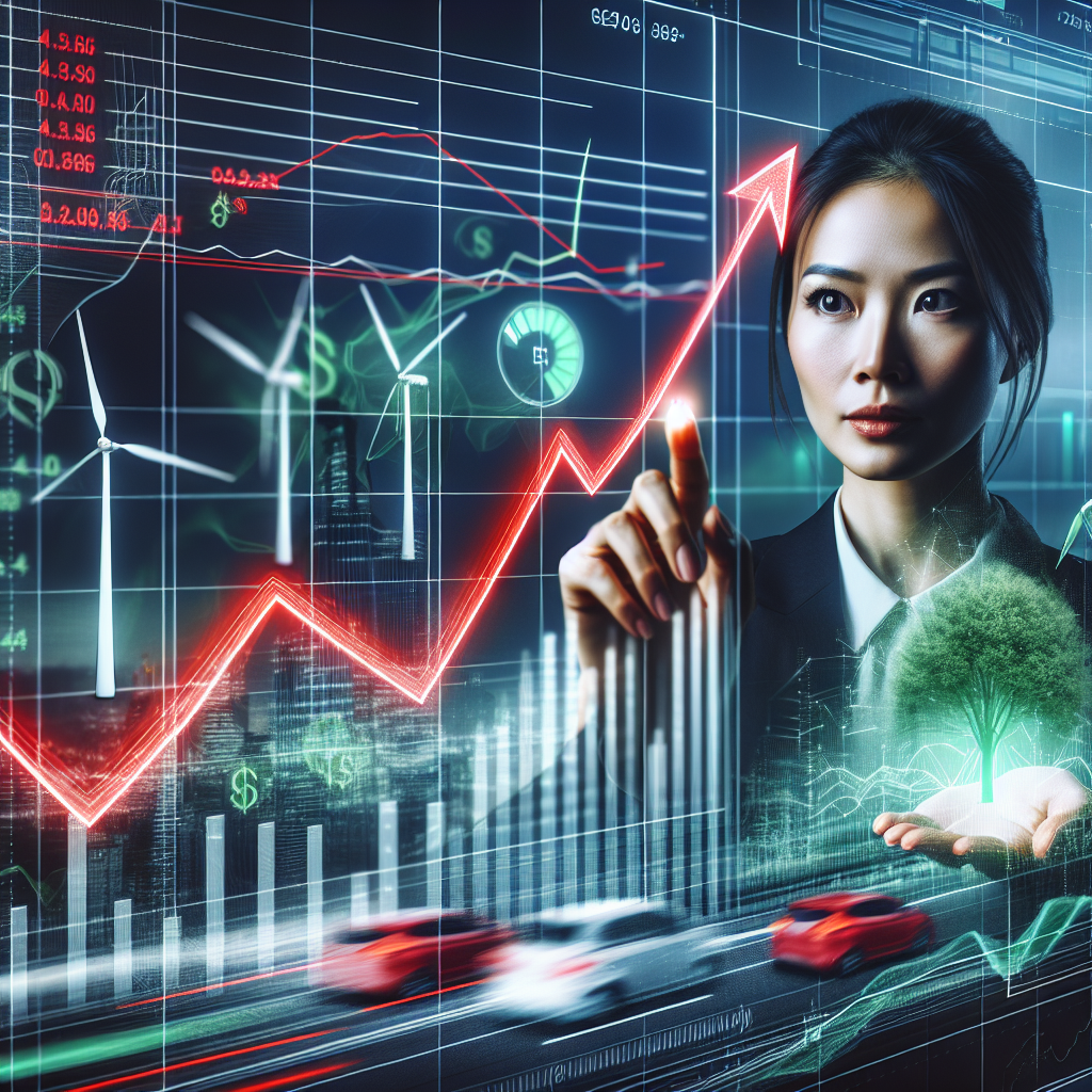 Create a detailed image showing a soaring red line chart on a digital screen, with the x-axis marking time and the y-axis marking gas prices. Include symbolic elements like a green tree and wind turbines suggesting positive environmental policy changes. In the foreground, show a focused East Asian female analyst observing the chart and making SEO annotations on a transparent futuristic device, signifying the analytical component of the article. Emphasize the seriousness of the situation through her expressions.