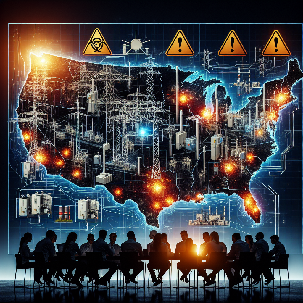 A visual representation of a nationwide power grid, an interconnected network of power lines, power stations, and transformers, spanning across a silhouette map of a country. The grid is initially shown illuminated, signifying it in normal operation. Gradually, areas start flickering and going dark to symbolize a power grid failure. Highlighted alongside are warning symbols -- hazard signs and alerts -- indicating the potential risks and criticality of the situation. In the corner of the image, we can see a diversified group of experts (black female electrical engineer, white male risk analysis expert, South Asian female cybersecurity expert) huddled around a table, deeply engaged in a discussion.