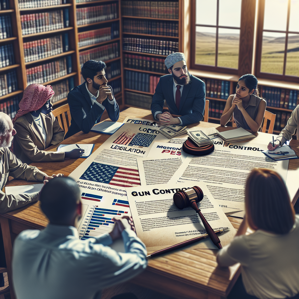 Portray an insightfully illustrated image relating to federal gun control legislation. The scene takes place inside a public library where diverse members of the community, including a Middle-Eastern man and a Hispanic woman, are engaged in a thoughtful discussion on potential strategies to combat gun violence. The foreground features a large table with papers spread out, containing charts, statistics, and drafts of laws, with a gavel subtly in the corner symbolising legislation. The participants should embody a determined and hopeful expression, expressing the possibility of positive change through effective policies.