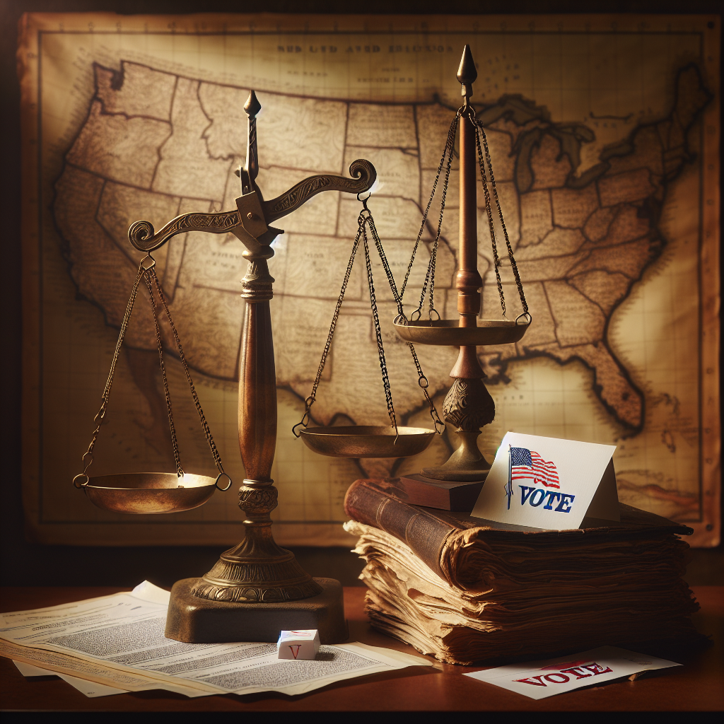 A conceptual still-life image featuring a set of antique scales implying the balancing of justice, a stack of new legal documents signifying voting law updates, and marked ballot papers symbolizing the act of voting. Set on a desk with an old-world map of the United States in the background, subtly highlighting the focus on US elections. The image is suffused with a soft, warm light, creating a poignant atmosphere that underscores the gravity and ongoing evolution of the democratic process.