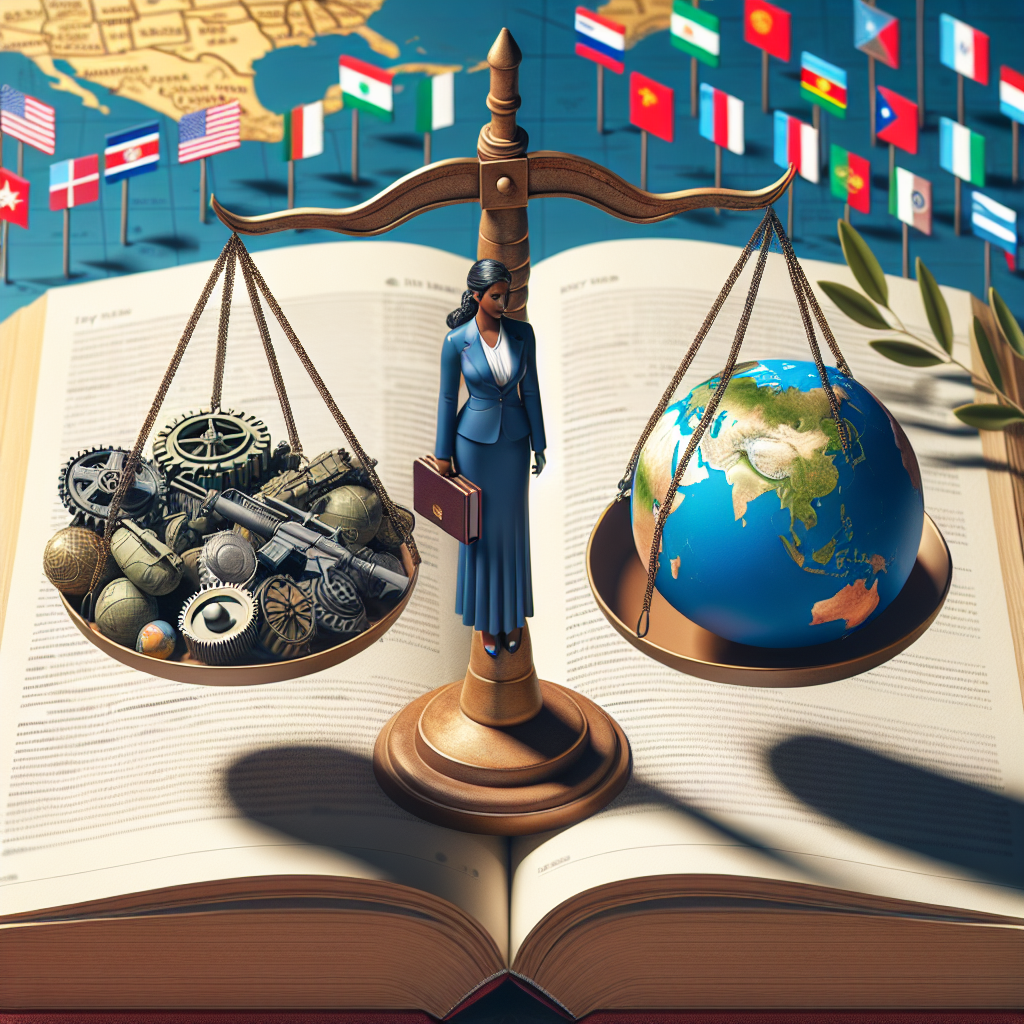An illustrated scene representing global security and US military aid decisions. In the foreground, a symbolic balance scale where one side holds multiple miniature military gears representing 'military aid' and the other side holds a miniature globe representing 'global security'. The balance is held by a Hispanic female figure dressed in formal attire standing on a marked world map. Background shows elements like UN flag, olive branches symbolizing peace, and various national flags. All elements are positioned against a background of an open book suggesting 'Key Insights'.