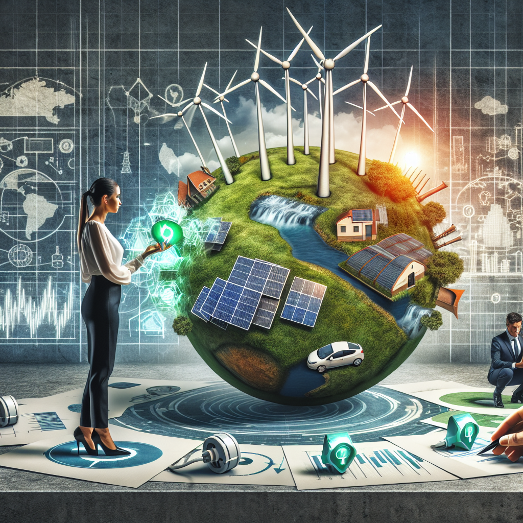 An array of symbols representing clean energy: solar panels tilted towards the sun, majestic wind turbines standing in the middle of a green field, hydroelectric dams with cascading water, and electric cars being plugged in. A Caucasian woman in business attire is strategically placing these symbols on a globe representing climate change-friendly legislation. Next to her, a South Asian man in a suit is examining a list titled 'Investment Strategies', with items like 'Empowering Renewable Technologies' and 'Promoting Energy Efficiency'. All set against the backdrop of a sustainably designed office.