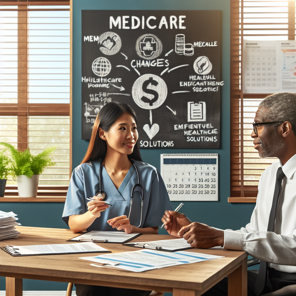 Two Social Workers, an Asian woman and a Black man, are seated at a desk filled with Medicare paperwork. They are discussing strategies to minimize healthcare costs. Behind them is a chalkboard with diagrams and bullet points highlighting 'Medicare Changes' and 'Effortless Solutions'. The room is brightly lit with a potted plant by the window that indicates a friendly environment. A calendar on the wall shows the month and year, symbolizing the ongoing journey of navigating healthcare policies.