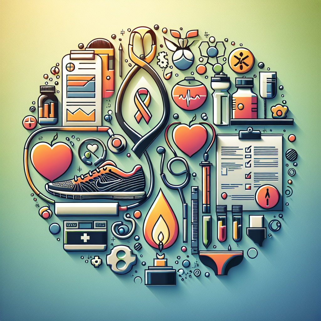 Generate an image depicting a collection of distinctive elements representing health awareness and remembrance. The image should encompass symbols for fitness, such as a pair of running shoes or a water bottle; health check-ups as depicted by medical equipment like a stethoscope or lab reports; next to them a lit candle, symbolizing remembrance for those who passed away. The elements should be arranged in a way that demonstrates balance and harmony, against a serene yet vibrant background.