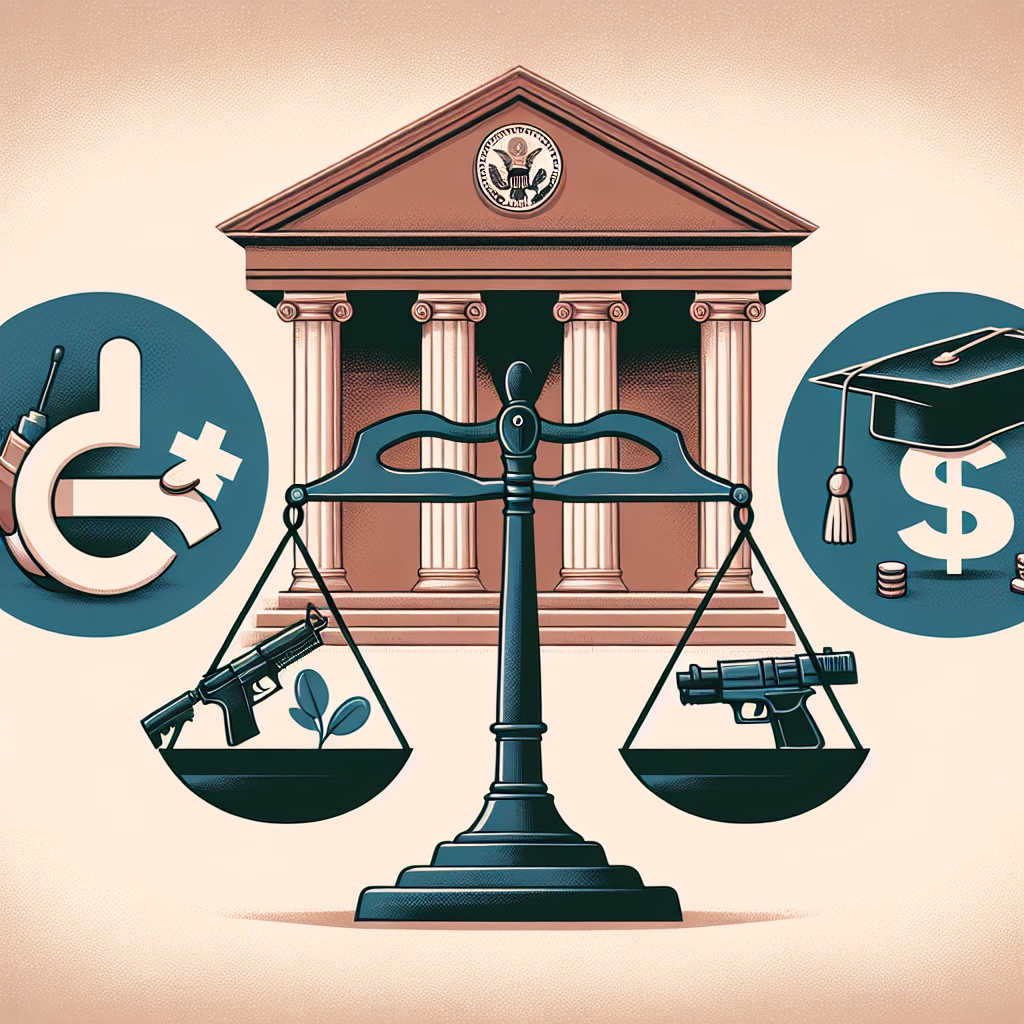 Illustrate a concept representing the influence of recent highest court decisions on three crucial societal topics: reproductive rights, firearm restrictions, and educational debts. Imagine three icons, each symbolizing one of these areas - a medical symbol for reproductive rights, a gavel intersecting with a firearm for gun laws, and a graduation cap inside a dollar sign for educational loans. Bind these three icons together with scales of justice depicting the impact of legal rulings, all against the backdrop of a sturdy courthouse, symbolizing the judiciary system.