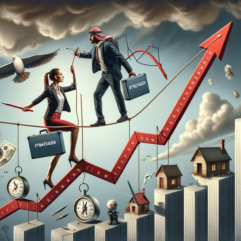 An illustrative conceptual scene for an article on strategies to navigate the rising mortgage rates amidst the US housing market crisis. Show a vertical line graph with an upward trending red line representing rising mortgage rates. Portray a Caucasian woman and a Middle-Eastern man, both dressed in business attire, navigating a tightrope above the graph, carefully balancing themselves. They each carry a toolbox labeled 'Strategies', containing items like a compass, a map marked with safe points, and a telescope, symbolizing tools to navigate the crisis. The background should be a stormy sky, reflecting the crisis.