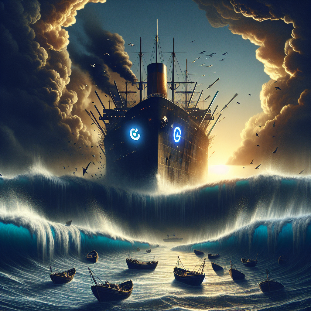 Create a conceptual image representing the scenario of tech giants surviving mass layoffs. There should be a large, metaphorical ship with the insignia of common tech symbols weathering a stormy ocean, symbolizing the turbulences of the tech industry. The sky above should be ominous and filled with dark clouds. Also, include scattered, empty lifeboats on the waters, symbolizing the layoffs. The image should have predominantly somber, dark hues, yet harbor a sense of resilience, as the large ship continues to push through the storm.